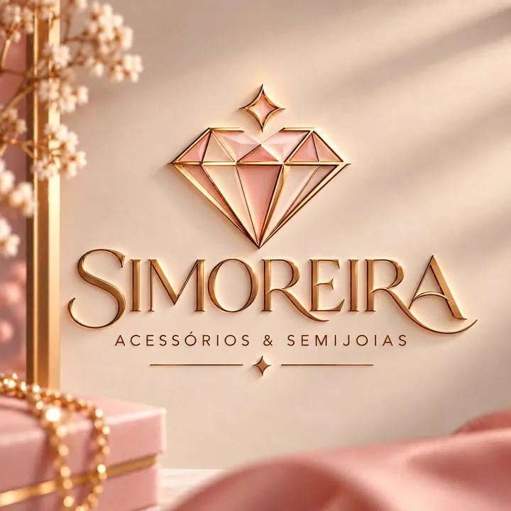 Logo da SIMOREIRA em dourado sobre fundo creme, com caixa de presente rosa e colar de pérolas